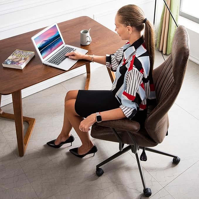 ovios Home Office Ergonomic Chair, Mid-Century Modern Luxury Faux Suede Leather Chairs, Comfy High Back Computer Swivel Rolling Task Armchair for Executive, Dark Brown