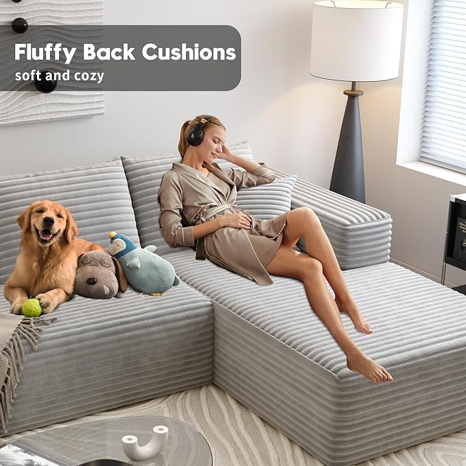 107.5" Cloud Sectional Couch with L-Shape Chaise,Modern Modular Sofa with Deep Seat, Upholstered Couches for Living Room Bedroom Apartments,No Assembly Required, (Grey,Right Facing Chaise)