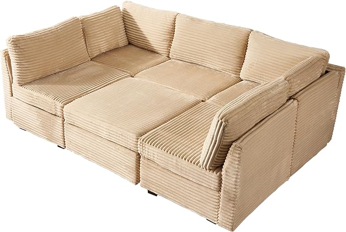 130'' Modern Modular Sectional Sofa with Movable Ottoman,5 Seats Cloud Comfort Corduroy Fluffy Couch,L Shaped Convertible Sofa Couch for Living Room,Beige