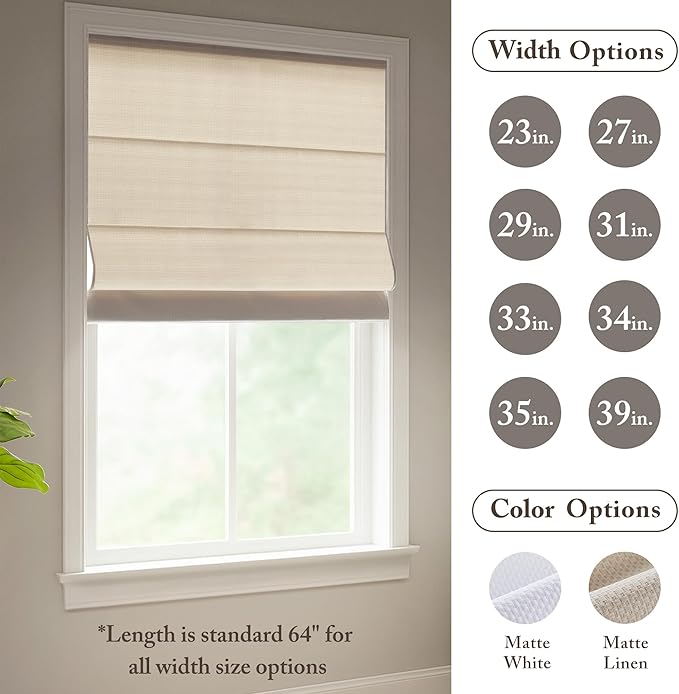 Madison Park Galen Matte Linen Cordless Roman Shades - Fabric Privacy Single Panel Darkening, Energy Efficient, Thermal Insulated Window Blind Treatment, for Home, Living Room Decor, 27" W x 64" H