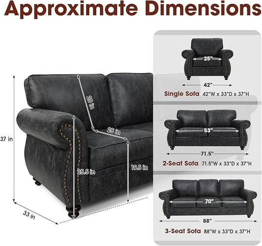 Living Room Furniture Sets,Sofa Sets and Couch Sets for Living Room,Mid-Century Vintage Sofa Couches with Rivet Design (Grey, Single+3 Seater)