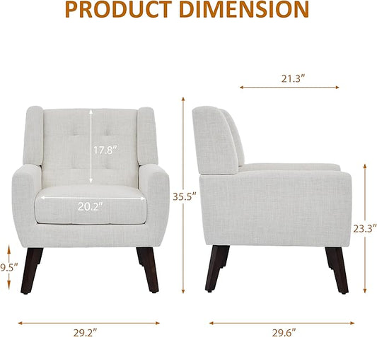 Accent Chairs Set of 2, Mid-Century Modern Upholstered Armchair, Comfy Fabric Living Room Chairs Reading Chairs with Button Tufted Back & Solid Wood Legs for Bedroom, Office, Beige