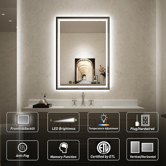48x30 Inch LED Bathroom Mirror with Lights, Frontlit & Backlit Black Metal Frame Mirror, Wall Mounted Lighted Vanity Mirrors, Double Lights Strips,Anti Fog Dimmable & 3 Colors Temperature