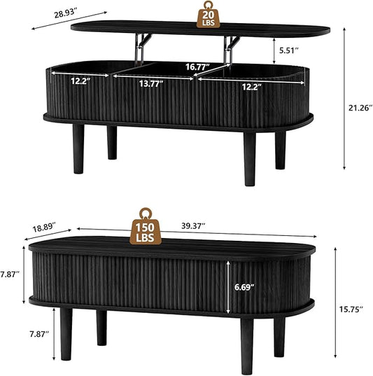 Fluted Lift Top Coffee Table with Hidden Compartment, Fully Assembled Wooden Center Table, Modern Oval Lift Tabletop for Home Living Room Office, Black