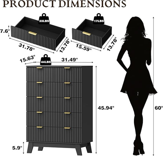 46" Tall Dresser for Bedroom, 6-Drawer Fluted Chest of Drawers, Modern Wood Highboy with Deep Storage, Metal Slides and Handles, Anti-Tip Kit, Vertical Clothes Organizer for Apartment, Nursery