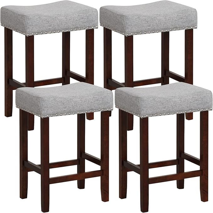 COSTWAY Counter Height Bar Stools Set of 2, 25-inch Backless Saddle Stools with Nailhead Trim, Rubber Wood Frame, Footrest, Max Load 330 Lbs, Upholstered Barstools for Kitchen Island Pub, Grey