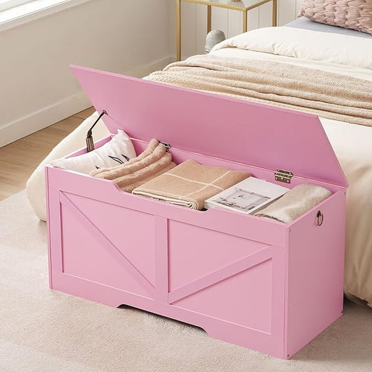 HOOBRO Storage Bench, 39.4" Retro Wooden Storage Chest with U-Shaped Cut-Out Pull, Safety Hinge, Supports 220 lb and Easy Assembly for Toy Box Organizer (Pink) PK771CW01