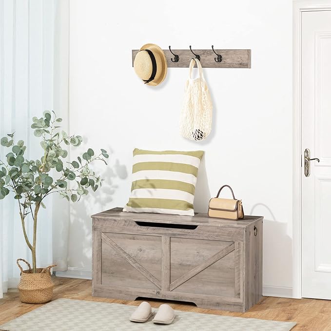 HOOBRO Storage Bench, 39.4” Retro Wooden Storage Chest with U-Shaped Cut-Out Pull, Safety Hinge, Supports 220 lb and Easy Assembly for Toy Box Organizer (Greige) BG771CW01