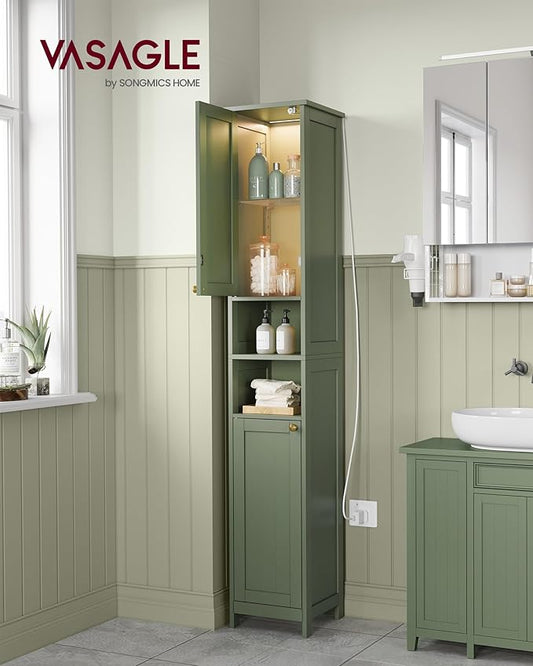 VASAGLE Tall Storage Cabinet with Lights, Slim Freestanding Cabinet with Adjustable Shelves, for Small Spaces, Bathroom, Living Room, Modern, 11.8 Inches Wide, Forest Green UBBC566C01