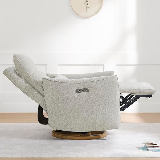 CHITA Swivel Rocker Recliner Chair, Power Nursery Glider Recliner, Nursery Rocking Chair with Adjustable Power Headrest, FSC Certified, Solid Wood Base, Crockery (Gray)