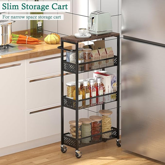 Slim Storage Cart 4 Tier Narrow Kitchen Rolling Cart on Wheels for Small Space, Mobile Utility Cart Shelving Unit with Wooden Top and Metal Handle for Kitchen, Bathroom, Laundry Room