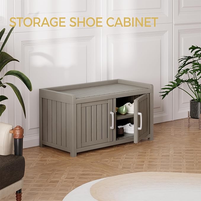 Storage Bench - 2 Doors Waterproof Resin Shoe Bench with Adjustable Shelves - Indoor & Outdoor Use, Entryway Bench with Seating for Bedroom, Living Room, Hallway - Grey