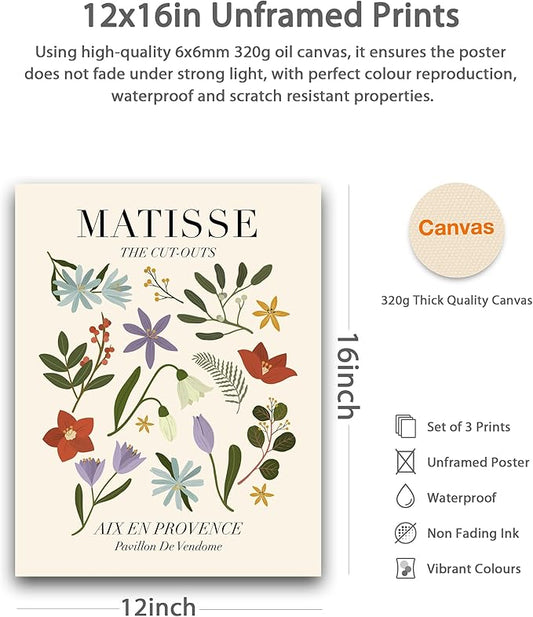 HesenDot Unframed Floral Wall Art Set of 3,12x16in Matisse Canvas Prints,Abstract Keith Haring Botanical Posters Decor,Minimalist Modern Flower Artwork for Living Room Bedroom Office Home