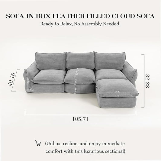 106'' Down Blend L-Shaped Sectional Sofa, Deep Seat Feather-Filled Cushions, Oversized Cloud Couch with Sink-in Comfort, Modern Living Room Sofa – Pebble Gray