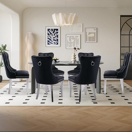 Velvet Upholstered Dining Chairs Set of 6, Modern Style Kitchen Side Chairs with Nailhead Trim and Silver Plated Leg, Metal Pulling Ring for Dining Room Living Room(Black, Set of 6)