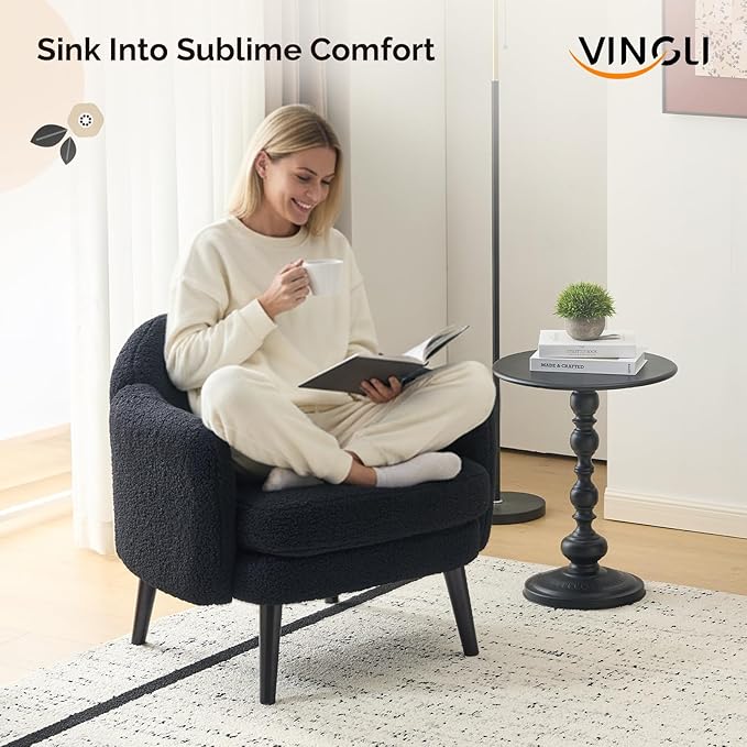 VINGLI 30.3" Wide Modern Barrel Accent Armchairs Set of 2 with Track Armrest, Solid Wooden Legs, Comfy Upholstered Club Chairs, Single Home Sofa for Living Room, Bedroom, Reading,Teddy Fleece Black