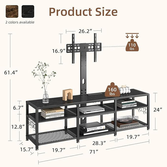 VECELO 71" TV Stand with Mount and Power Outlets, Entertainment Center with Open Storage Shelves, Height Adjustable Mount up to 80”, Wooden Table and Metal Frame for Living Room, Modern Black