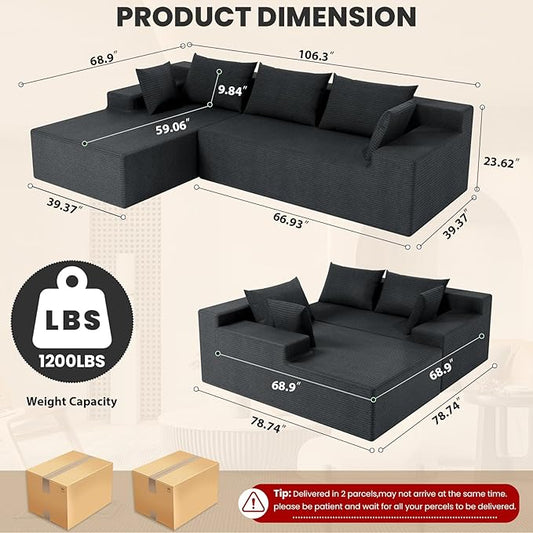 LEVELEVE 107" Cloud Sectional Couch with Deep Seat,Modern Modular Sofa with L-Shape Chaise,No Assembly Required, Upholstered Couches for Living Room Bedroom(Dark Gery,Left Facing Chaise)