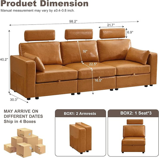 98.2" Oversized 3 Seater Storage Couch, Faux Leather Modular Sectional Sofa with Headrest & Side Pockets, Cloud Upholstered Couches Deep Seat, Sofas for Living Room Apartment Small Spaces, Brown