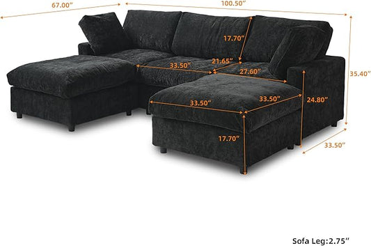 WJShome 100 Inch U Shaped Modern Sofa Modular Sectional Cloud Couch with 2 Ottoman, 4-Seat Chenille Deep Seat Couches for Living Room, Bedroom and Apartment,Black