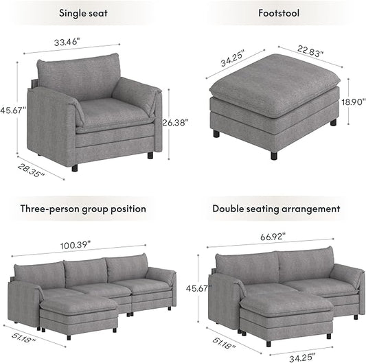 FLEXISPOT SF6 Cloud Sectional Couch for Living Room with Reversible Ottoman, 100.4" L-Shaped Modular Sectional Sofa with Storage, 3-Seater Comfy Sofa Couch for Apartment, Chenille Gray