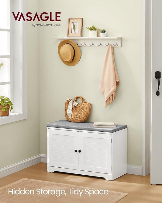VASAGLE Shoe Storage Bench with Cushion, 3-Tier Entryway Bench with Padded Seat, Doors, Adjustable Shelves, 14 x 31.9 x 20.7 Inches, for Hallway, Bedroom, Cloud White and Dove Gray ULSB034W01
