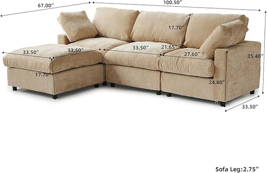 WJShome Modular Sectional Cloud Couch Modern L Shaped Sofa with Ottoman, 100 Inch 3-Seat Chenille Deep Seat Couches for Living Room, Bedroom and Apartment,Khaki