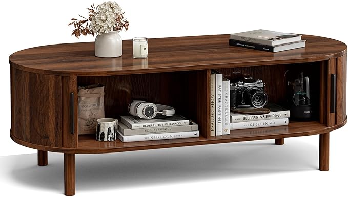 Coffee Table for Living Room, Modern Oval Coffee Table with Cabinets & Sliding Doors, Home Small Space, 47.2" Fluted Center Table, Walnut