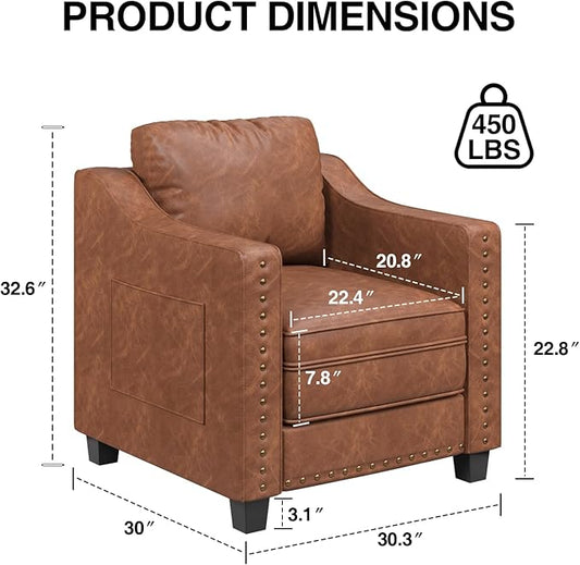 Mid Century Modern Accent Chair, 30 Inches PU Leather Armchairs, Barrel Chair Living Room Chairs Club Chair with Cushion Reading Chair for Bedroom, Apartment, Reading Room, Brown