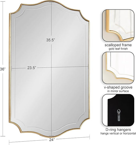 Kate and Laurel Hollyn Glam Scalloped Rectangle Wall Mirror; 24 x 36; Gold; Modern Scallop Mirror with Engraved Border for Bathroom Mirror for Over Sink or Fireplace Mantel Mirror