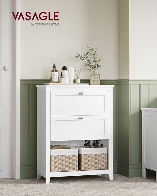 VASAGLE Storage Cabinet, Freestanding Floor Cabinet, 2 Drawers with 1 Set of Adjustable Divider, 2 Baskets, Sideboard, 11.8 x 23.6 x 31.5 Inches, for Bathroom, Living Room, Cloud White UBBC545W02
