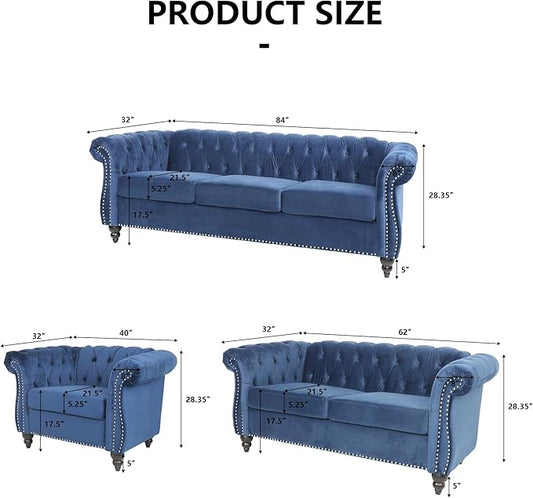 2 Piece Living Room Sofa Set, 3 Seater Velvet Sofa Couch and Chair Set, Mid Century Modern Upholstered Couch with Cushions, Comfy Tufted Chesterfield Couches for Living Room, Bedroom, Office