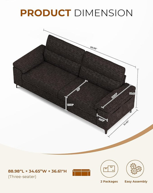 88.97" Modern Sofa Couch for Living Room, Deep Seat Sofa with 8”Cushion, Comfy 2-Seater Chenille Loveseat Sofa with Convertible Armrest, Removable Sofa Cover, High Leg (Dark Gray)