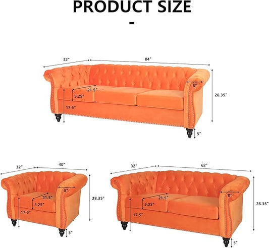 Velvet Sofa Couches Set, 3-Piece Mid Century Modern Upholstered Couch with Cushions, Home Sofa Sectional Furniture Sets, Comfy Tufted Chesterfield Couches for Living Room, Bedroom, Office