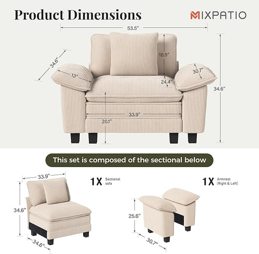 53.5" Modular Sectional Single Sofa, Soft Plush Corduroy Armchair with Comfortable Deep Seat & Removable Arms for Living Room,Beige