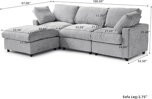 WJShome Modular Sectional Cloud Couch Modern L Shaped Sofa with Ottoman, 100 Inch 3-Seat Chenille Deep Seat Couches for Living Room, Bedroom and Apartment,Gray