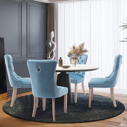 Velvet Upholstered Dining Chairs Set of 4, Modern Style Kitchen Side Chairs with Nailhead Trim and Wood Legs,Metal Pulling Ring for Dining Room Living Room(Sky Blue,Set of 4)