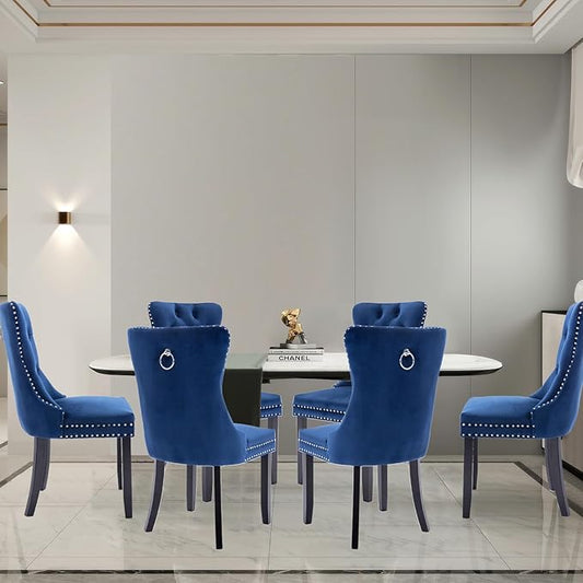 Velvet Upholstered Dining Chairs Set of 8, Modern Style Kitchen Side Chairs with Nailhead Trim and Wood Legs,Metal Pulling Ring for Dining Room Living Room(Blue)