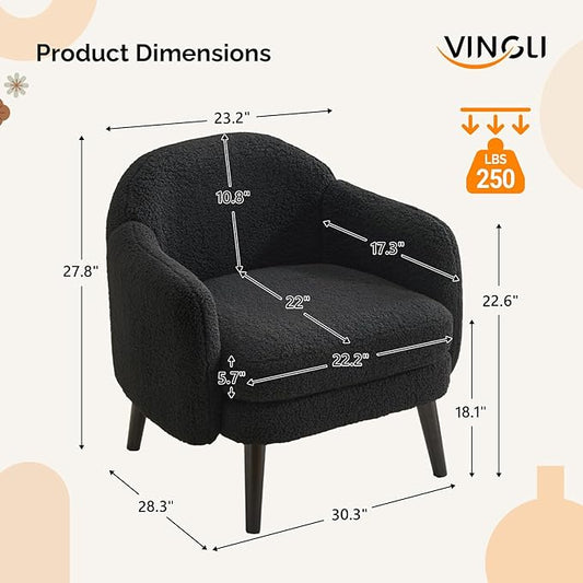 VINGLI 30.3" Wide Modern Barrel Accent Armchairs Set of 2 with Track Armrest, Solid Wooden Legs, Comfy Upholstered Club Chairs, Single Home Sofa for Living Room, Bedroom, Reading,Teddy Fleece Black
