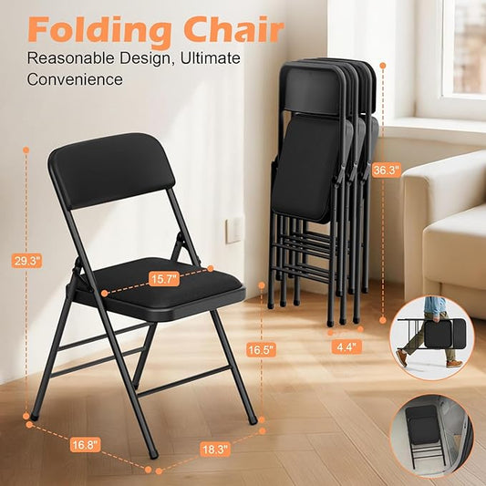 Commercial Grade Folding Chair with Padded Fabric Cushion(16"X16" |Double-hinged Legs Luxury Style|4.5kg Capacity Max Weight 150Kg for Home and Office,Indoor and Outdoor Events (2, PU-Black)