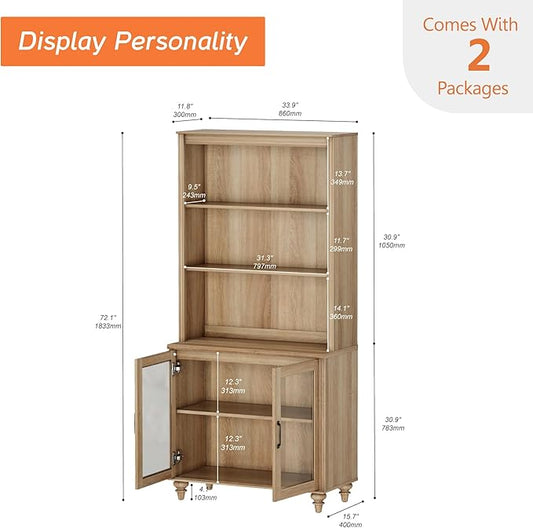 WAMPAT 5 Tier Bookshelf 72" Tall Bookcase with Glass Doors,Large Farmhouse Display Book Shelf with Adjustable Shelves and Storage Cabinet,Library Wood Bookshelves for Living Room,Kitchen, Oak