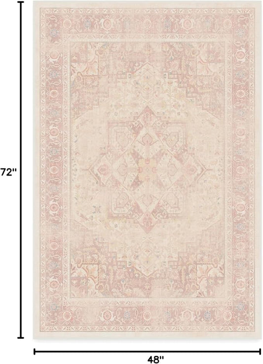 RUGGABLE Washable Area Rug – Kamran Soft Pink 4x6, Stain-Resistant, Non-Slip – Medium Machine Washable Rugs for Living Room, Bedroom, Hallway, Entryway & Office–with Standard Pad