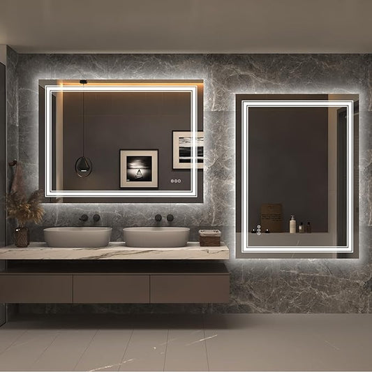 48x36 Led Lighed Bathroom Mirror for Wall, Large Dimmable Vanity Mirror with Lights, Anti-Fog, Shatterproof, Memory, ETL Listed (Backlit and Front Lighted)