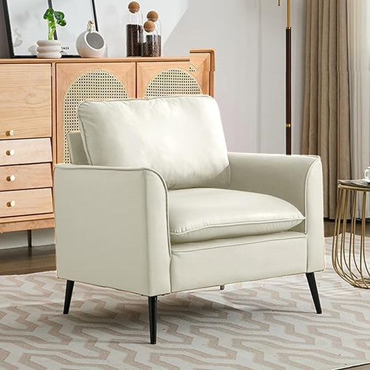 YISHENG Mid-Century Modern Living Room Accent Chairs Set of 2 - Oversized Faux Leather Armchairs with Removable Cushions & Metal Legs, Comfortable Sofas for Office/Lounge/Bedroom/Reception,Cream