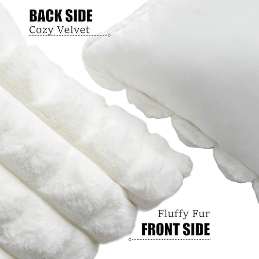 Neelvin Cream White Faux Fur Cozy Soft Plaid Decorative Throw Pillow Covers 12x20 inch Set of 2,Velvet Pillowcase Cushion Case for Sofa Couch