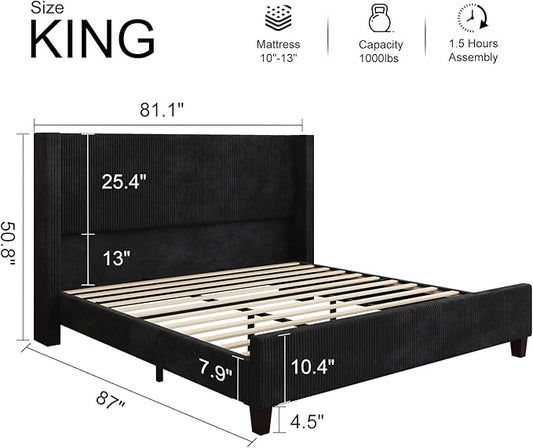 HOWE King Size Upholstered Bed Frame, Wingback Platform Bed with 50.8" Headboard, Corduroy/Solid Wood Leg/No Box Spring Needed/Noise Free/Black