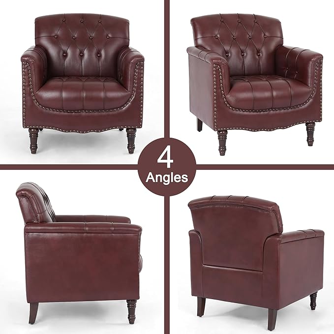 Lumibee Faux Leather Armchairs, Contemporary Accent Chairs Set of 2 with Nailhead Trims & Wood Legs for Living Room, Upholstered Comfy Arm Chairs for Office,Bedroom-Dark Red