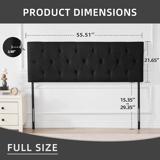 Linen Upholstered Headboard Full Size, Modern Diamond Tufting Solid Wood Full XL Headboard Only, Adjustable Height from 37β to 51β Head Board, Bed Frame or Wall Mount Headboards, Black
