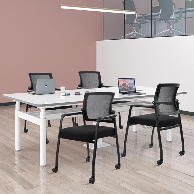 8PK Office Guest Chairs No Wheels | Ergonomic Lumbar Support and Thicked Seats Cushion, Desk Chair with Adjustable Mesh Back for Waiting Room School Church Reception,Black