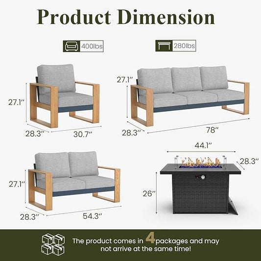 LayinSun 5 Pieces Aluminum Patio Furniture Set with Fire Pit Table, Oversized Seat with Hight Back, Outdoor Conversation Sets for Porch, Balcony, Deck